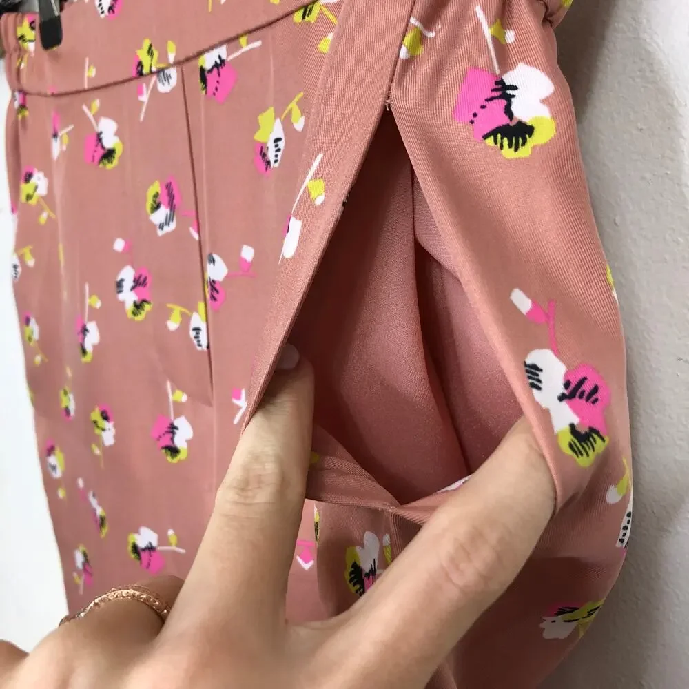 J. Crew Pants Pink Floral Pansies Print Satin Skinny Leg Pull On Trouser 0